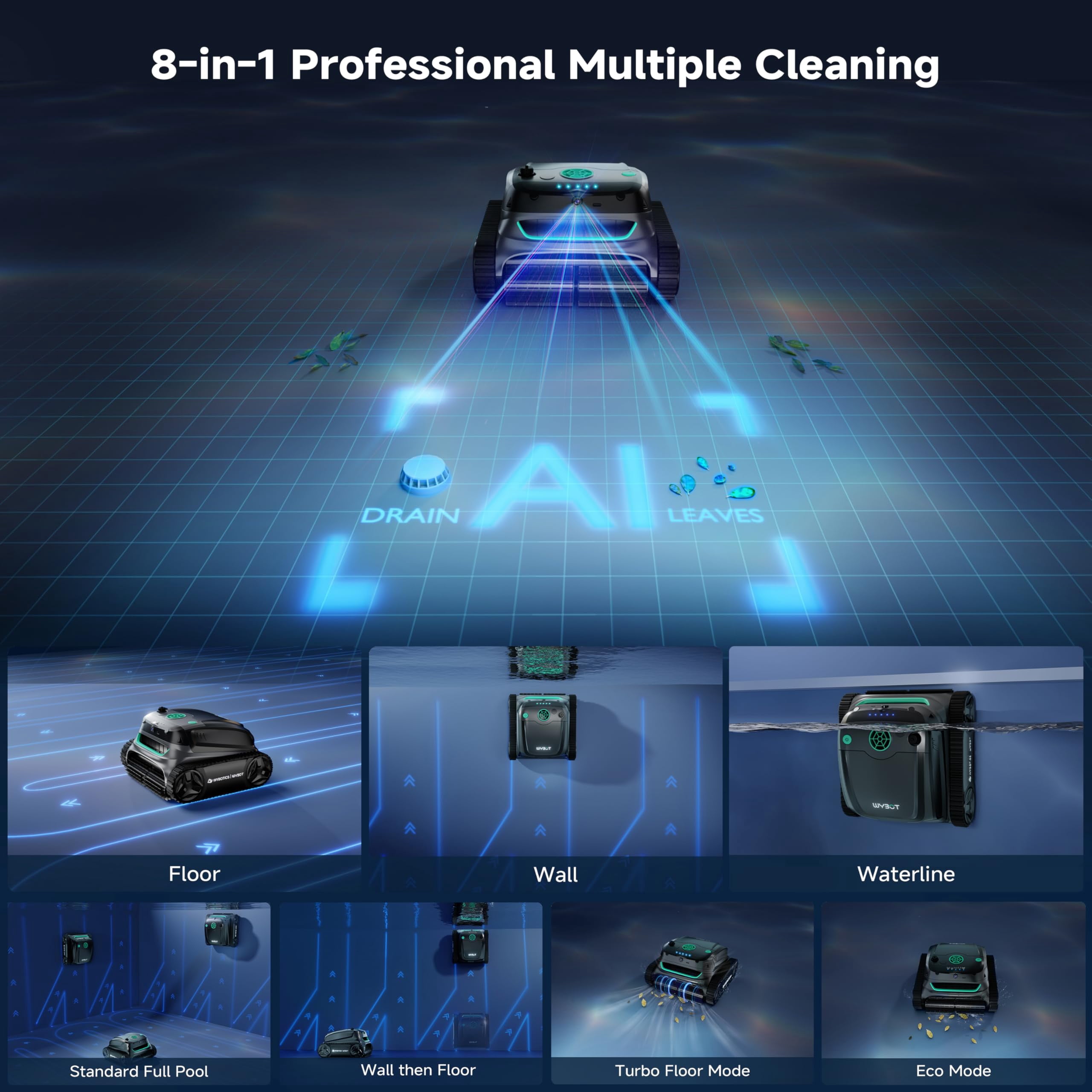 WYBOT S2 Solar Vision Robotic Pool Cleaner, Solar Powered & DC Fast Charge, AI Vision Debris Detection, Auto Return & Charge, App Control, Dual Filtration, for Large Inground Pools up to 3229 Sq.Ft