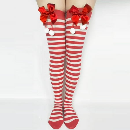 

Daqian Socks for Women Winter Women Christmas Long Tube Knee Socks Striped Garter Bow Hair Ball Christmas Party Fuzzy Socks for Women