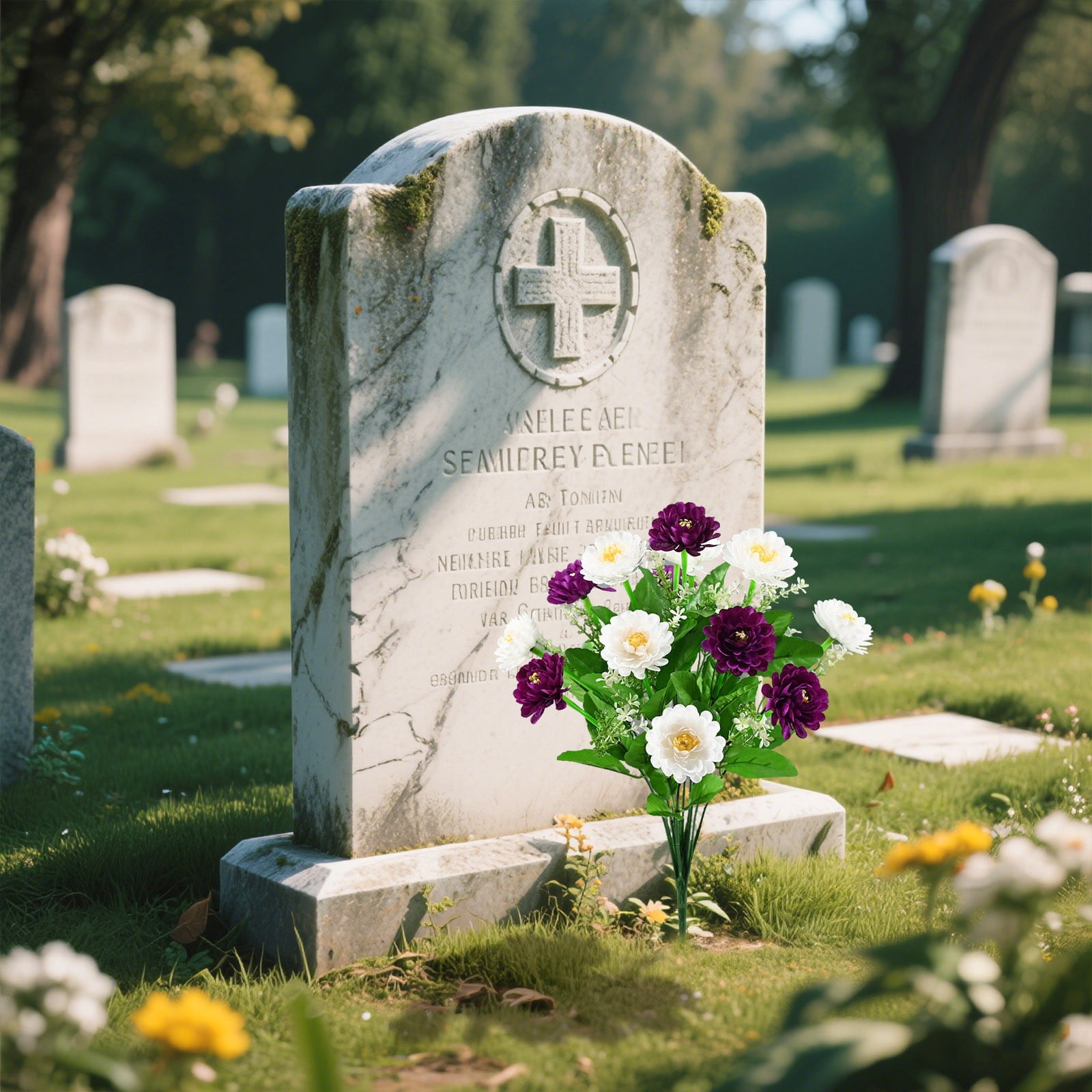 12PCS Artificial Cemetery Flowers for Graves - Durable Silk Floral Arrangements for Outdoor Headstones, Memorial Decor, Funeral Flowers (Rose, Lily, Chrysanthemum) All Season Grave Decorations