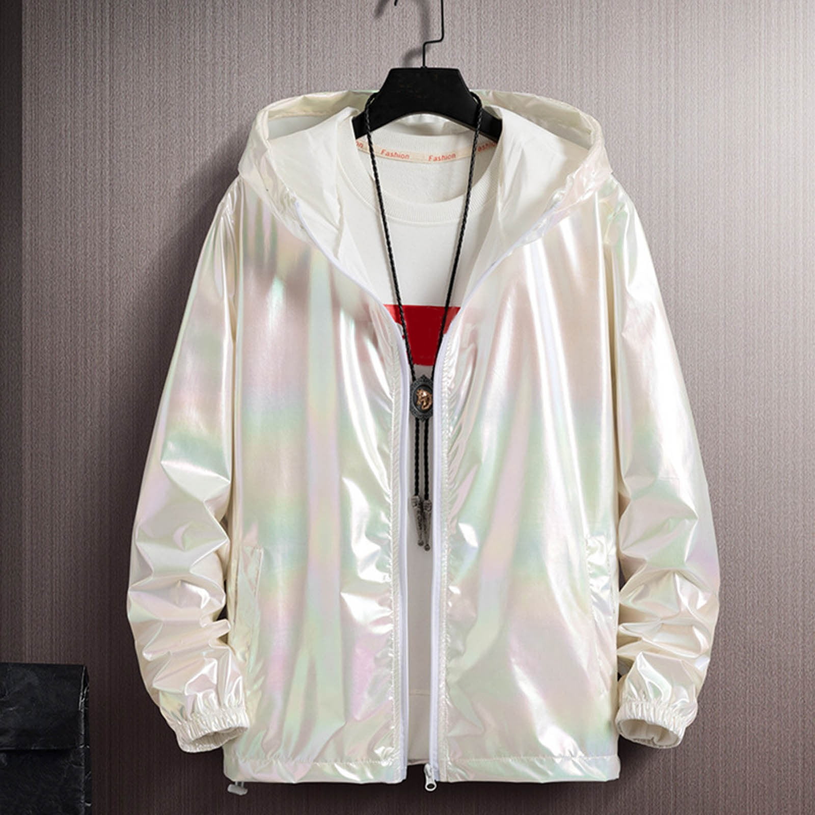 Tiweut Men's Metallic Jacket Lightweight Zip Up Holographic Shiny Hooded Blouse