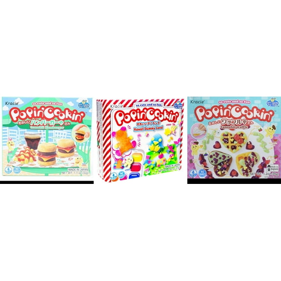 3 Pack Kracie Popin Cookin DIY Candy Kit, 3 Mixed Flavor (Hamburger,Kawaii Gummy Land,Waffle) Plus NineChef Brand Long Handle Coffee Spoon