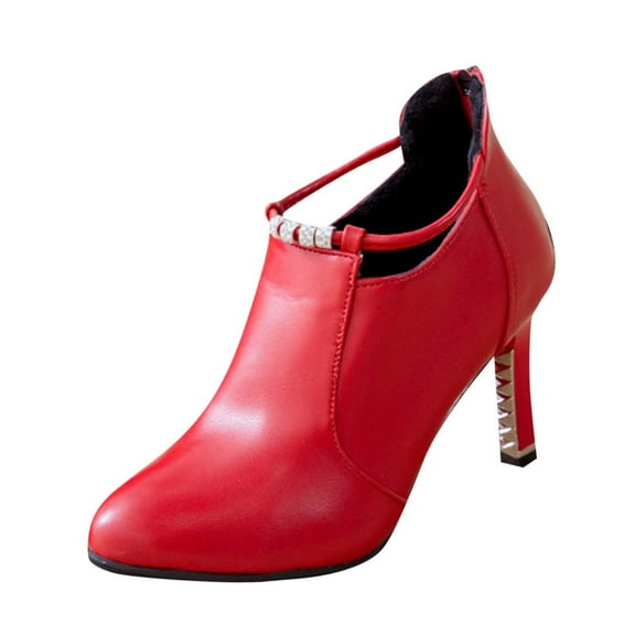 KEGIRLOM Women's Fashion Casual Versatile Sweet Cool Pointed High Heels Fashionable Fall And Winter Trendy Fashion Leather Boots Red 7