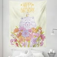 thumbnail image 1 of Birthday Tapestry, Happy Cat and Bird Meadow Flowers Bouquet Corsage Positive, Fabric Wall Hanging Decor for Bedroom Living Room Dorm, 5 Sizes, Pale Yellow Lilac Orange, by Ambesonne, 1 of 1