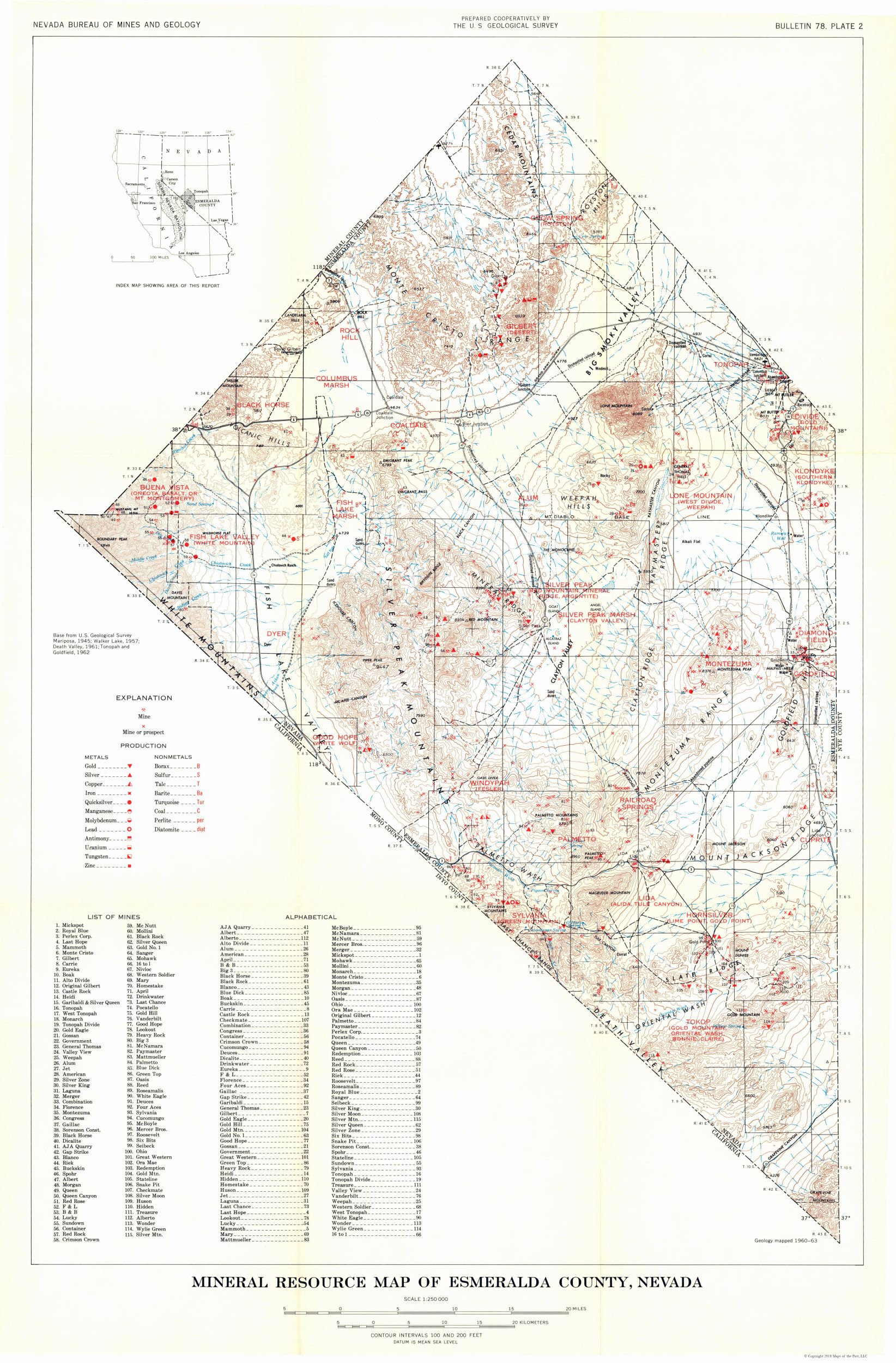 Esmeralda County Minerals Nevada Mines USGS 1960 23 x 34.98