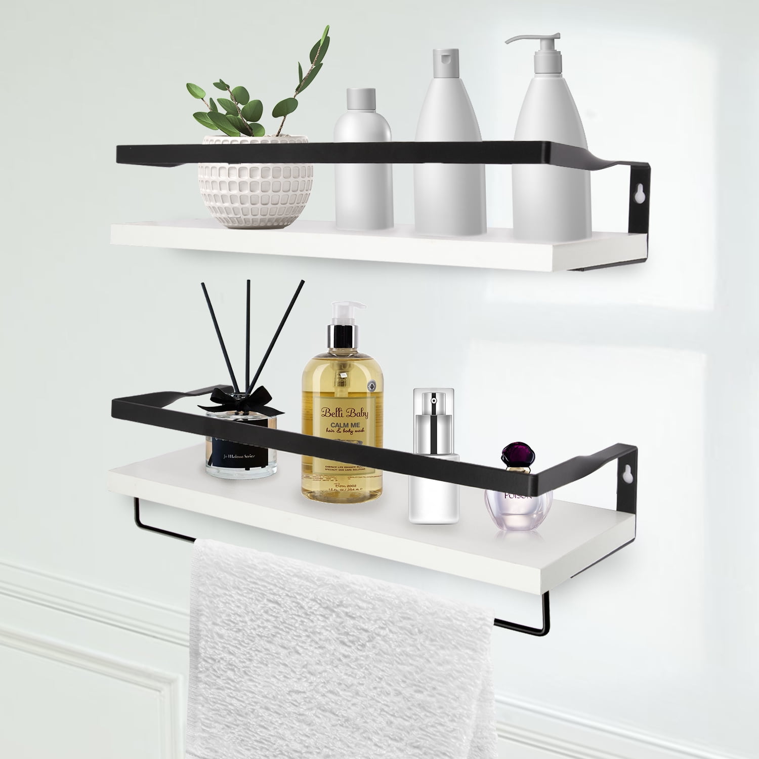 CERBIOR Floating Wall Shelves, with Rail & Organize Towel Bar for
