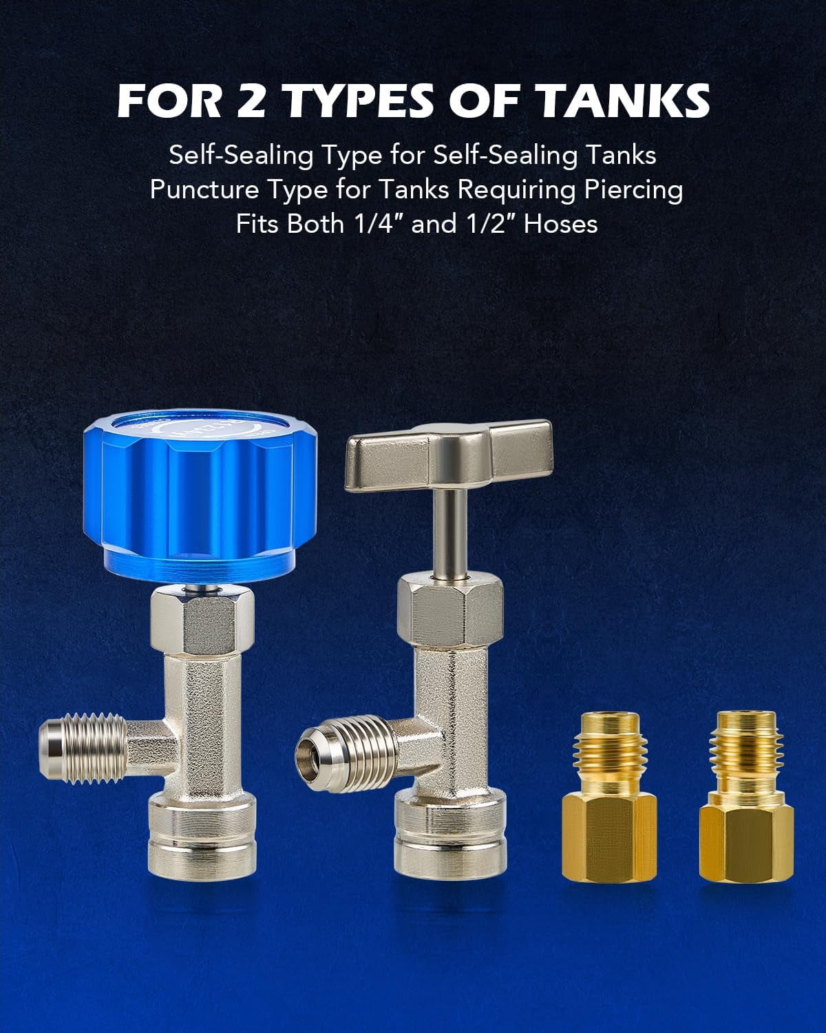 ABPETE  R1234yf Quick Couplers Set, R1234yf Adapter Tool Kit with Self-Sealing & Puncture Can Tap, High & Low R1234yf Couplers Set with Valve Core Remover for 1/4" & 1/2" HVAC Charging Hoses