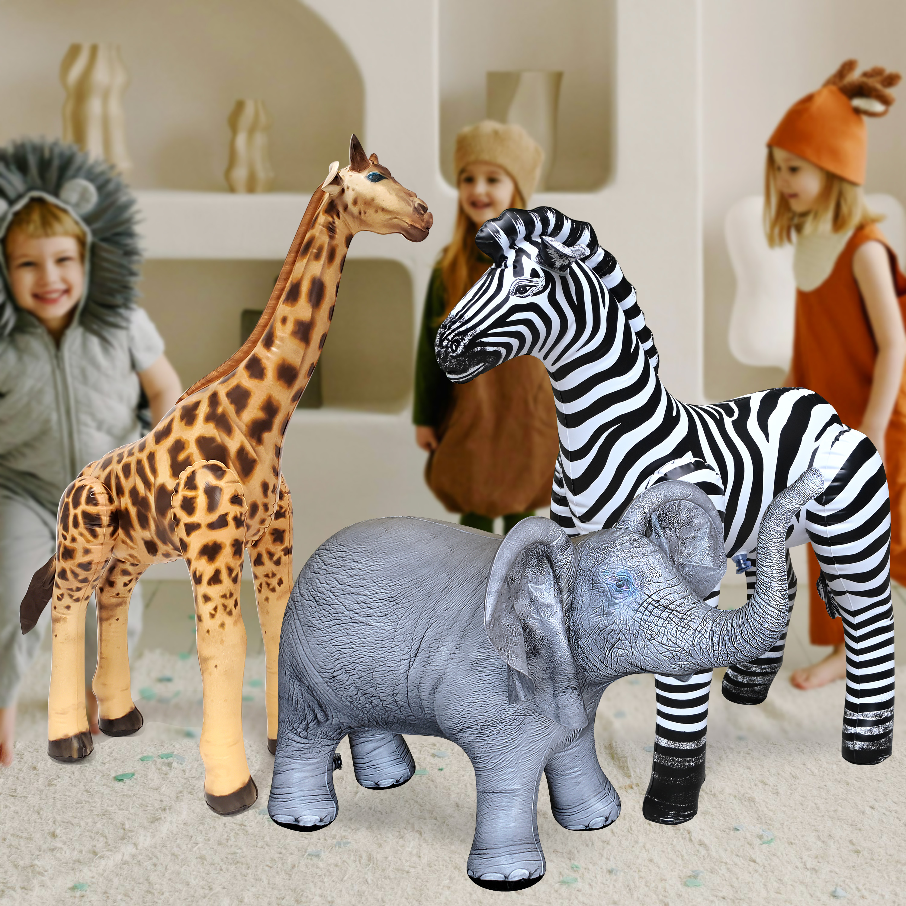 Lot De 3 Animaux Gonflables Safari Jet Creations - Éléphant, Girafe, Rhinocéros (Neuf, PVC, Fête)