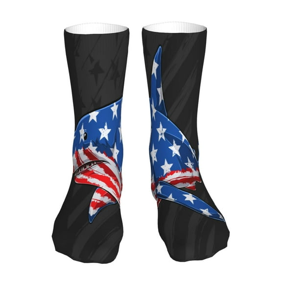 Uemuo Shark With USA Flag for 16in Socks, Cotton Socks Sports Socks Knee High Socks Comfortable Socks For Men, Women