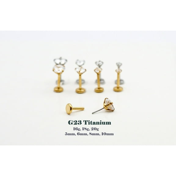 4 Pairs of Titanium Push in Flat Back CZ Labret Stud, 20G Gold Silver Threadless Tragus stud Nap earring, Nose Cartilage Helix Piercing Stud