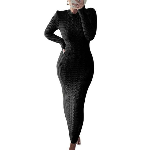 VISgogo Vestido de Punto de Manga Larga para Mujer, Patrón de Ganchillo Color sólido Acanalado Cuello Redondo Casual Fiesta de Club Largo de una Pieza VISgogo moda
