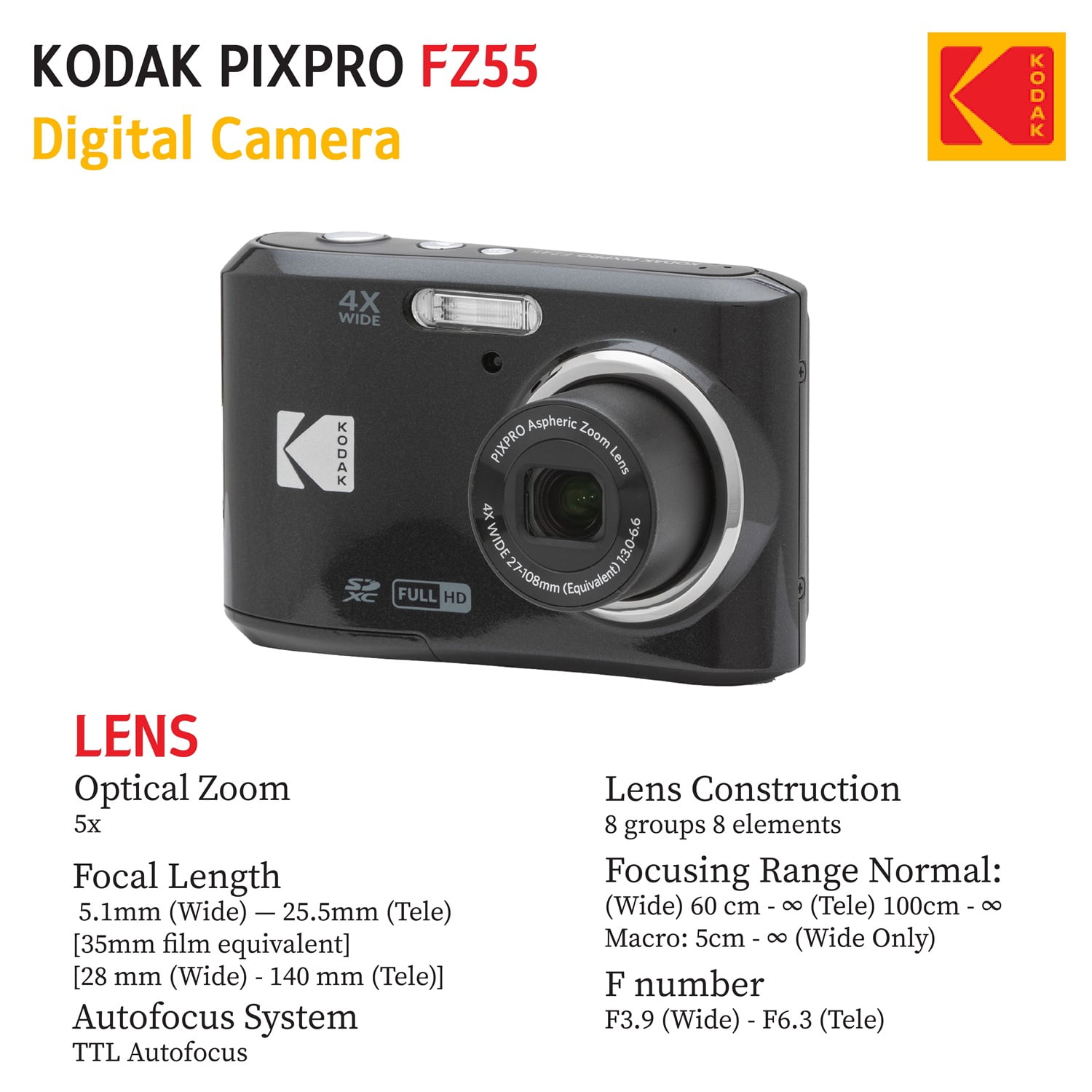 KODAK PIXPRO FZ55 (Black) 16MP Digital Point & Shoot Camera, 5X Optical Zoom, 28mm Wide Angle, 1080P Full HD Video, Bundle with 32GB SD Card, Protective Case, and Hi-Speed Card Reader