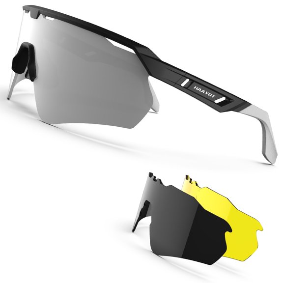 Black Sport Cycling Glasses for Men and Women, Big Frame Sunglasses with 3 Interchangeable Polarized Lenses, UV400 Protection for Running, Hiking and Outdoor Sports