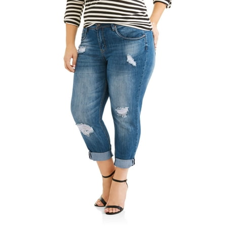 Juniors' Plus Cuffed Medium Wash Cropped Boyfriend Jeans With Destruction