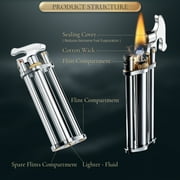 Mini Unique Vintage Soft-Flame Brass Kerosene Lighter, Refillable, Portable, Flip-Top & Side-Slide, Grinding Wheel, Electroplated Chrome Color, Creative, Gift for Men, Thorens Three-Section Stick
