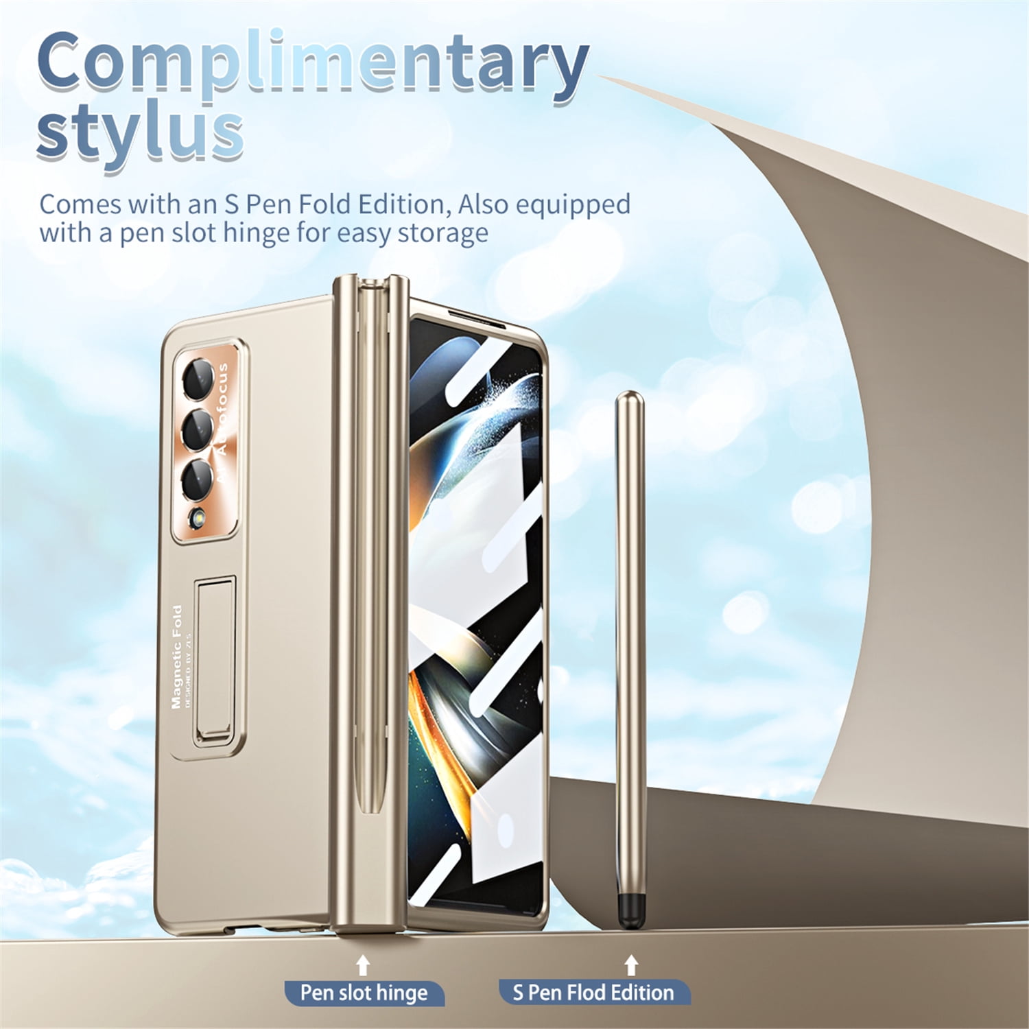 Allytech for Samsung Galaxy Z Fold 4 Case with S Pen Holder, [Come with S Pen Fold Edition] Drop Proof Kickstand All-inclusive Plating Folding Phone Case Cover for Samsung Z Fold 4 5G 2022, Gold