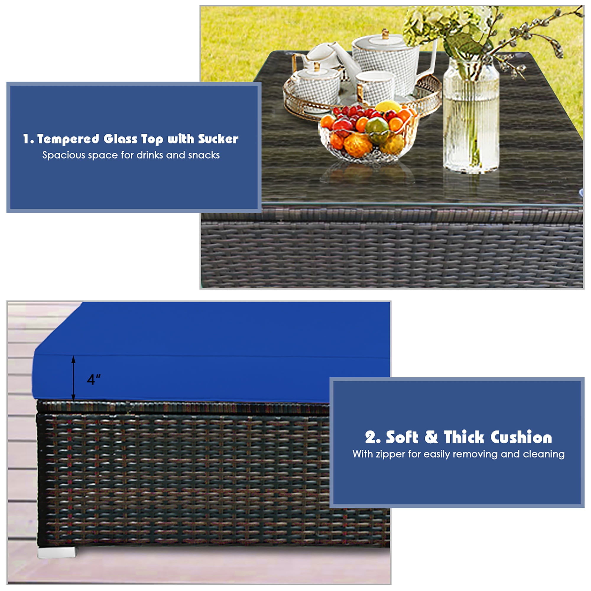 Costway 5PCS Outdoor Patio Rattan Furniture Set Sectional Conversation W/Navy Cushions