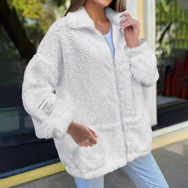 HOZADOIE Vestes Blanches pour Femmes Manches Longues Décontractées Épaissies pour Chaleur avec Poches Col Rond Hauts Décontractés Confortables Mode Automne Vêtements d'Hiver