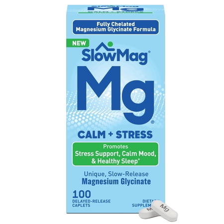 SlowMag Magnesium Glycinate Caplets, 100 Count, Slow-Release, Calm & Stress Support, Healthy Sleep, Gentle on Stomach, Magnesium Glycinate Supplements for Women & Men