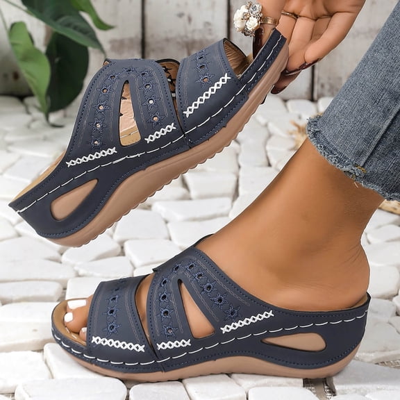 Viluyesy Womens Slide Wedge Sandals, Arch Support Open Toe Comfortable Summer Casual Slip-On Shoes Navy US8.5