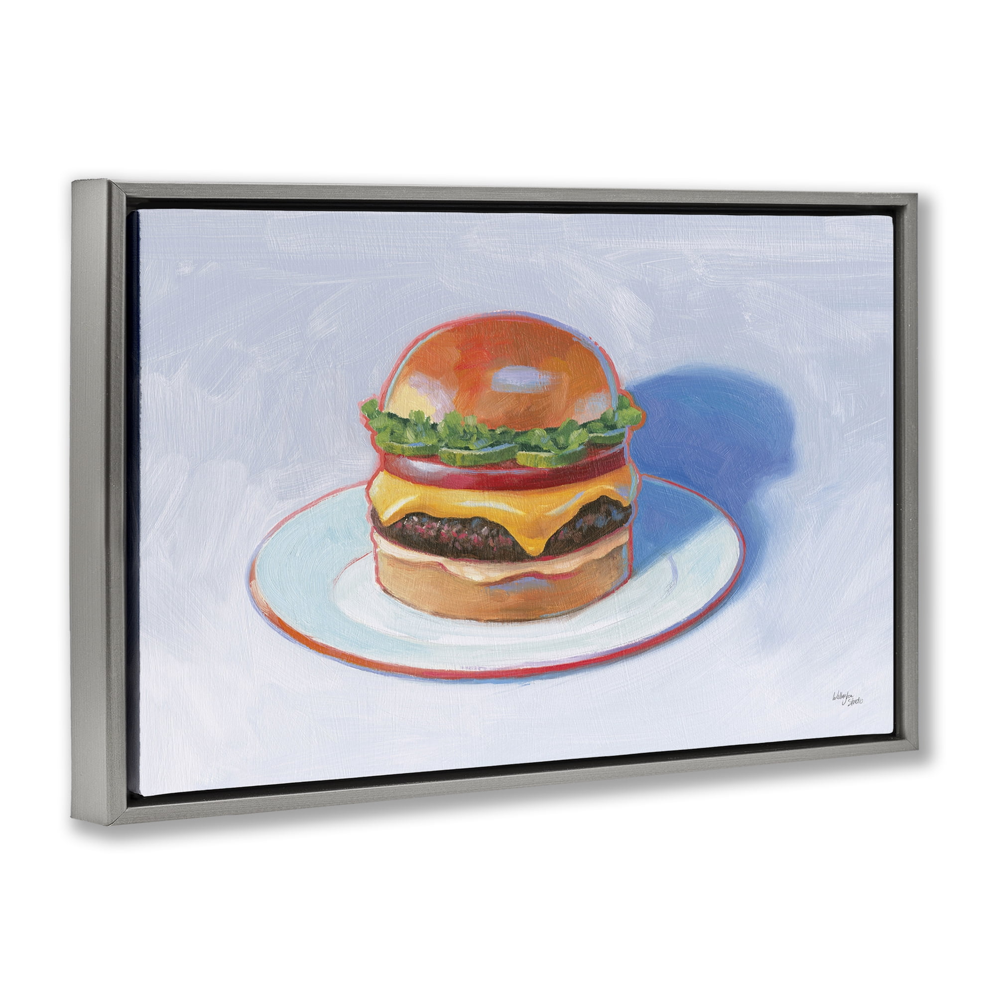 Stupell Industries Burger on Plate Food & Beverage Painting Gray Floater Framed Canvas Art Print Wall Art, 25 x 17