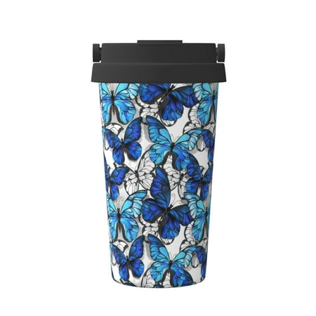 

Xecao Blue and White Butterflies Pattern Insulated Coffee Mug with Handle & Flip Thermos Mug Water Bottle Coffee Tumbler Cup