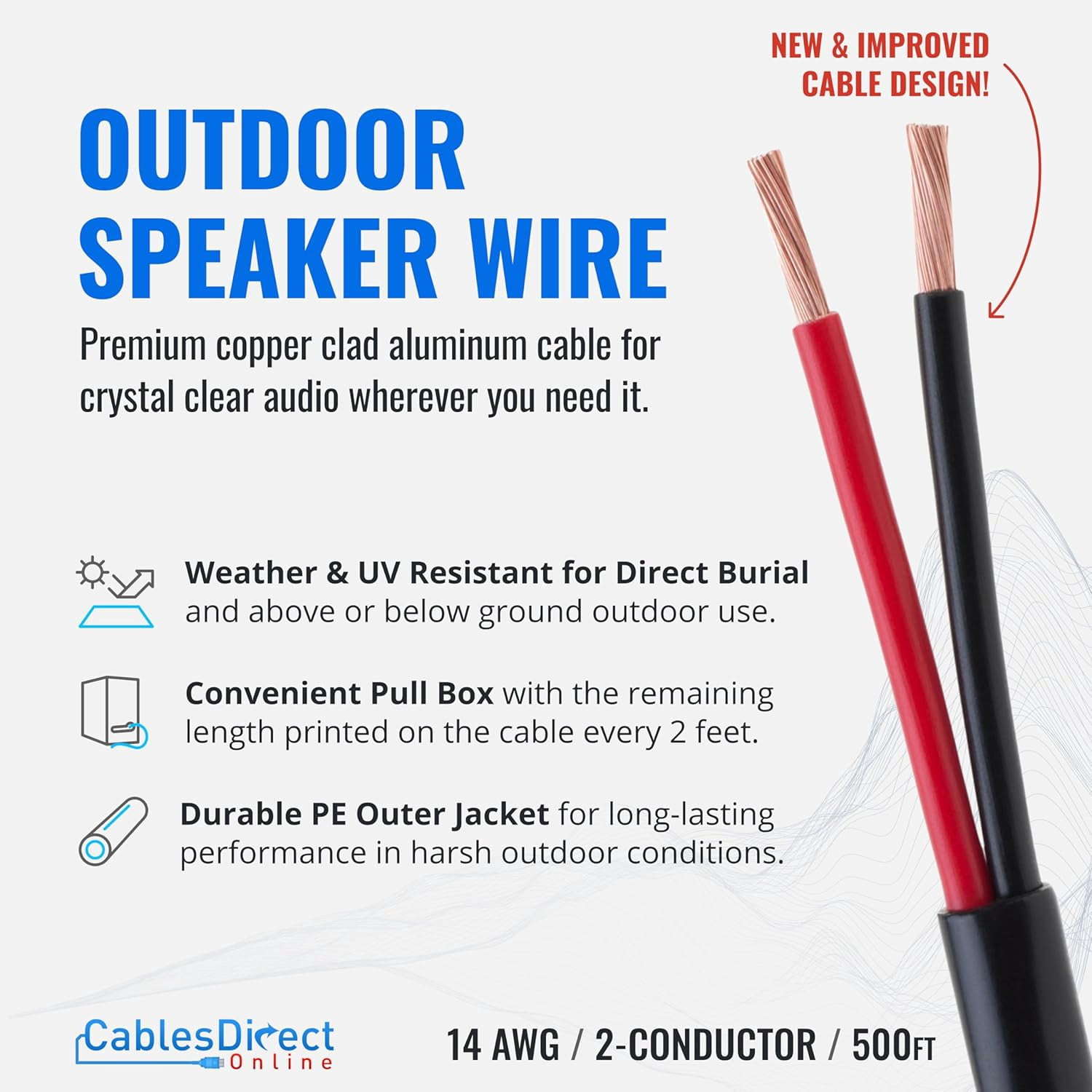 12/2 AWG Speaker Wire, 100 ft Bulk Copper-Clad Aluminum (CCA) Audio Cable, Outdoor/Indoor Use, Direct Burial, UV Resistant, Rated, Cables Direct Online