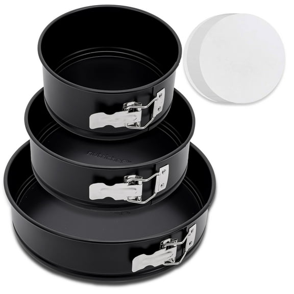 NutriChef 3-Piece Nonstick Springform Pan Set - Premium Carbon Steel Cheesecake Pans with Stainless Steel Clasp - 6", 8", 10" Sizes, Oven Safe up to 450°F - Includes 300pcs Parchment Paper (Black)