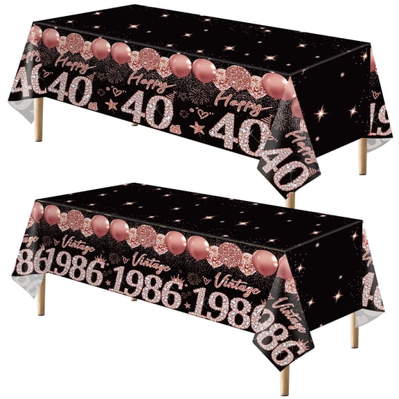 2pcs 40th Birthday Tablecloth, Black Rose Gold 40th Birthday Decorations for Woman Vintage 1986 Table Cloth Plastic Rectangular Table Cover Happy 40 Anniversary Party Supplies