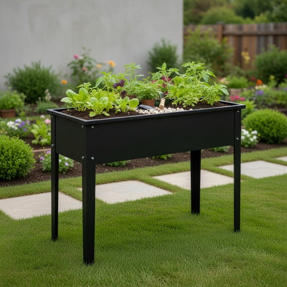 Resenkos Elevated Raised Garden Bed Metal Planter Box with Legs & Drainage Holes – 40" x 16" x 32" Black and Green Outdoor Gardening Planter for Vegetables, Herbs, Flowers
