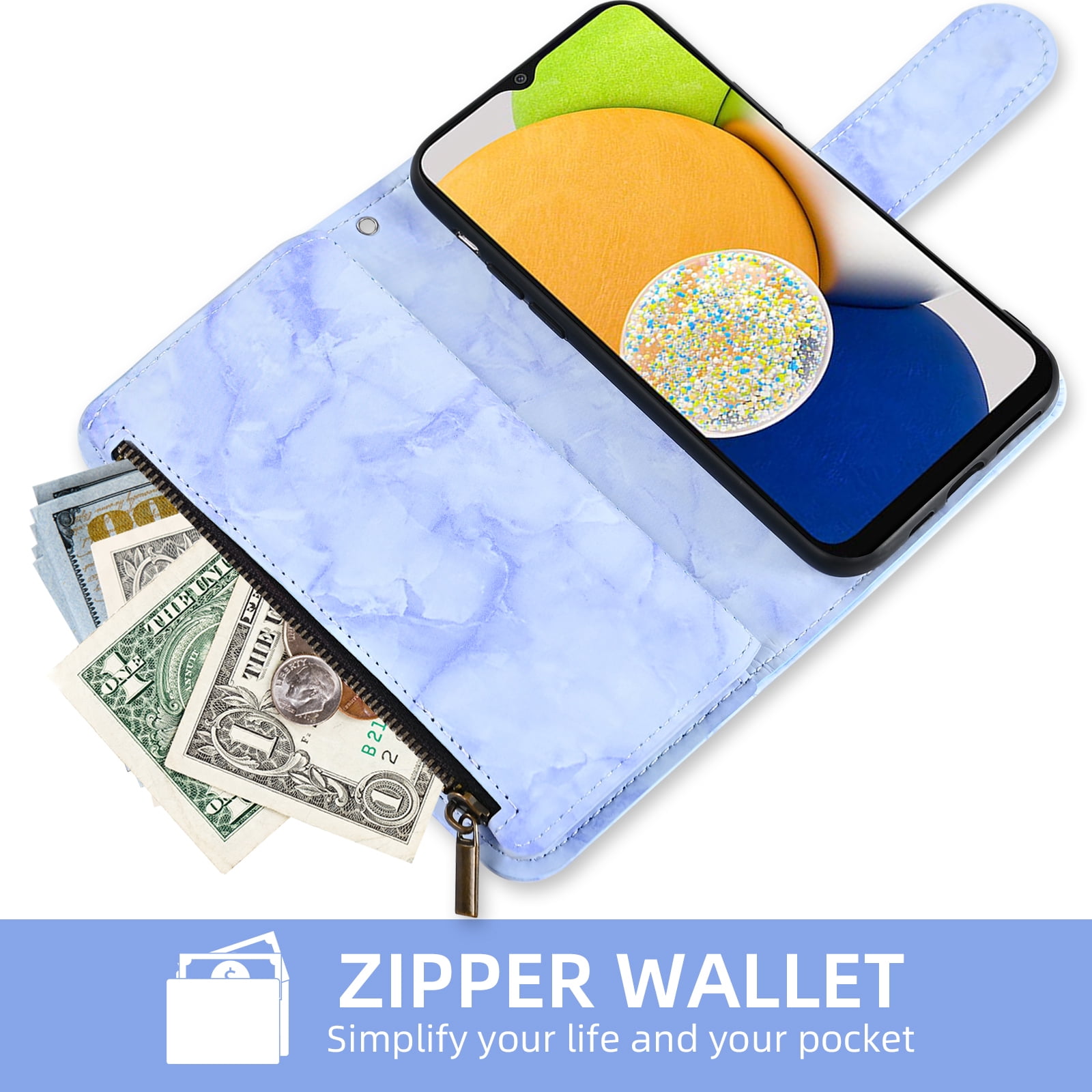 Asuwish Compatible with Samsung Galaxy A03 Wallet Phone Case and Tempered Glass Screen Protector Marble Faux Leather Flip Credit Card Holder Stand Zipper Slot Cell Cover for A 03 03A Ao3 Women Blue