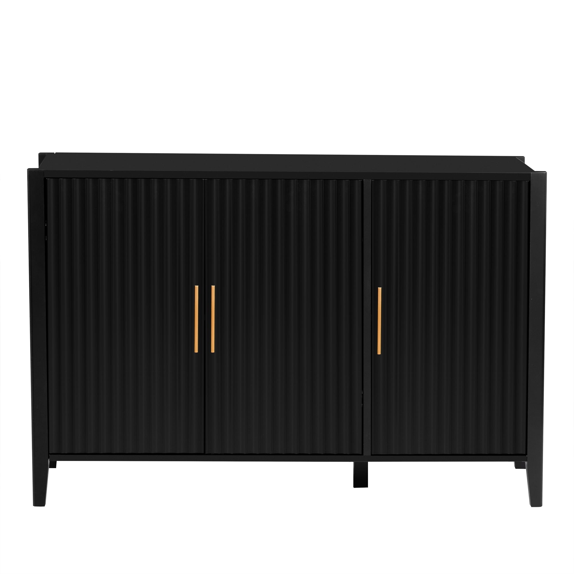 Mintazer 46.8" Fluted Sideboard Buffet Cabinet with 3 Door, Modern Wave Slatted Storage Credenza with Gold Metal Handles for Dining Room Living Room Entryway, Black