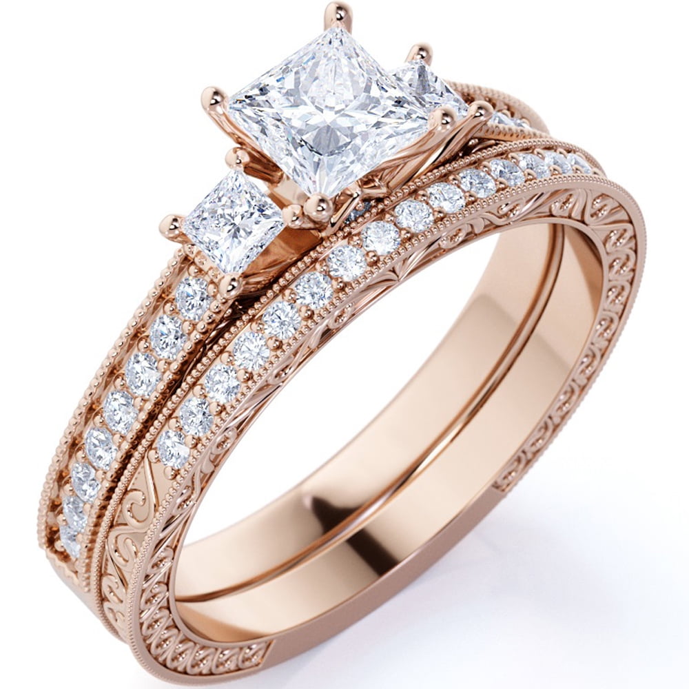 JeenMata Beautiful 1.25 Carat Real Moissanite Wedding Ring Set in 18k Rose Gold Plating for Women