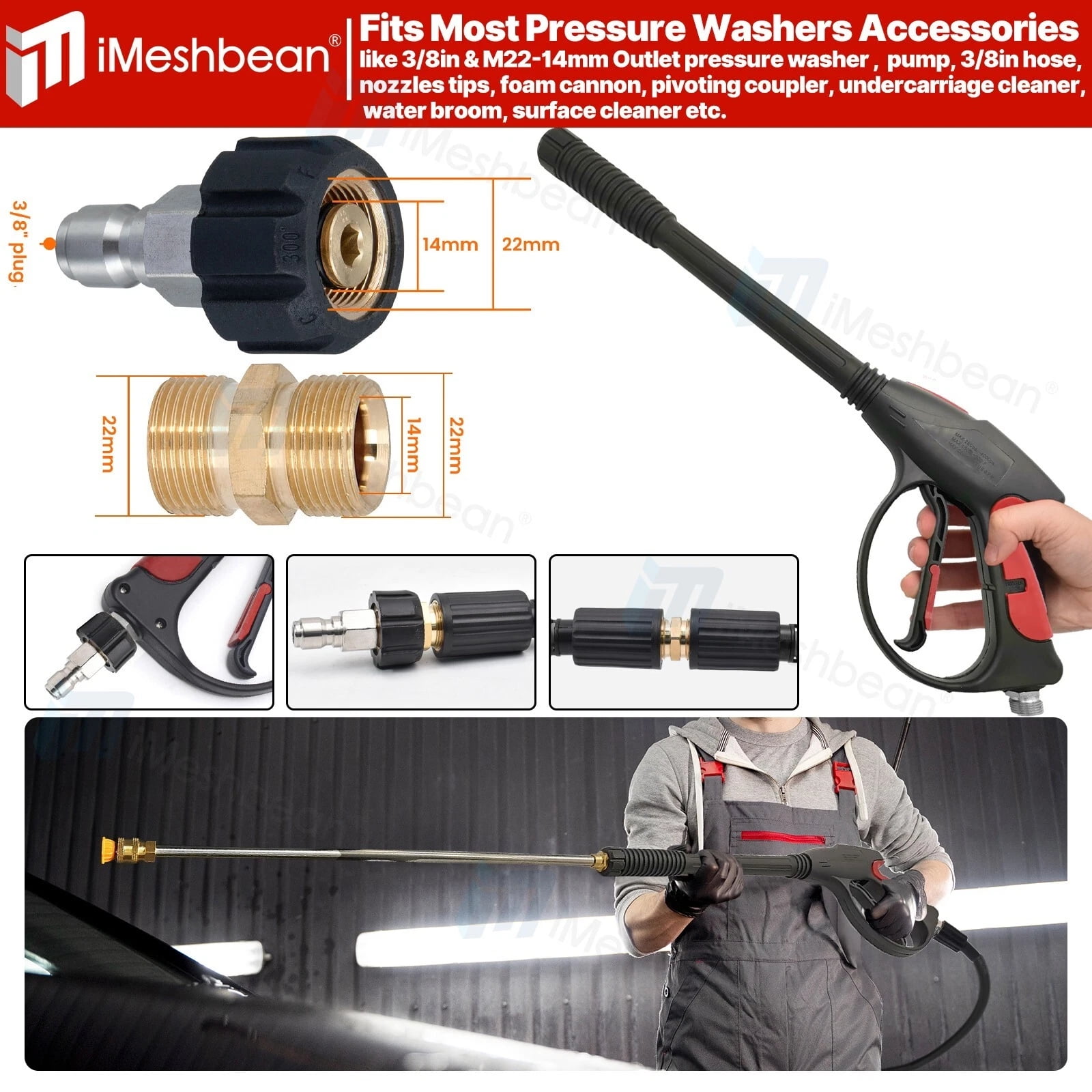 iMeshbean 4000 PSI Pressure Washer Gun 3/8" QC & M22-14mm Inlet Wand Lance Hose Spray Nozzle