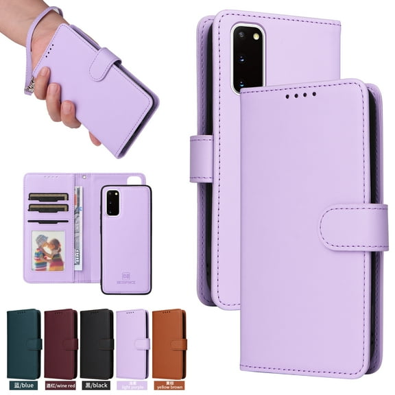 for Samsung Galaxy S20 Phone Case Wallet & Cash Slot,Flip Kickstand Cover [2 in 1 Detachable Credit Card Holders] Premium PU Leather Purse Wrist Strap Case for Samsung Galaxy S20,Purple