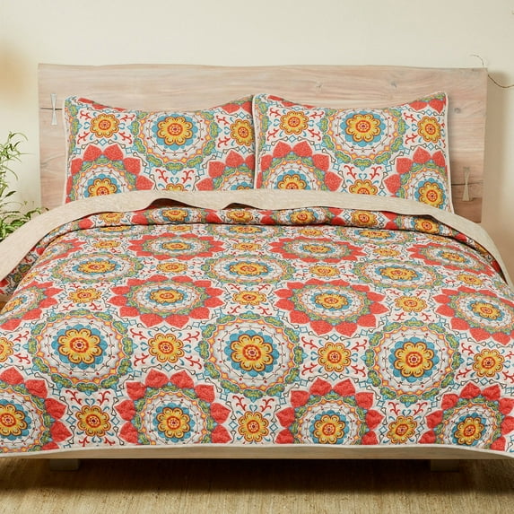 Pieridae Lightweight Microfiber Reversible Quilt Set - 3 Pc - King, Bright Medallion