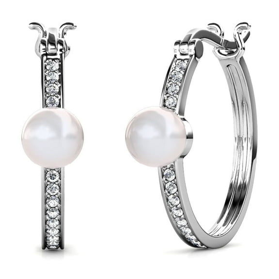 Cate & Chloe Nyla 18k White Gold Plated 22mm Pearl Hoop Earrings with Swarovski Crystals for Women