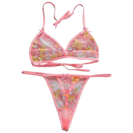 YOTMKGDO Valentines Day Lingerie  Women S Printed Mesh Inside Matching Emotional Underwear Lace Up Bra Set Lace Three Point Erotic Underwear (#2 Watermelon Red  S)