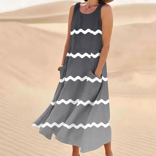 LSLJS Nouvelle Robe Longue Sans Manches en Coton et Lin à Col Rond Imprimé pour Femmes, Robe d'Été de Plage