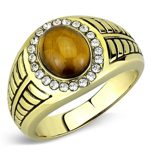 Mens Ring Silver Brown Gold Oval Cut Stainless Steel Ring with Tiger Eye in Topaz