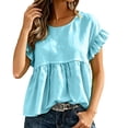 thumbnail image 4 of Dolkfu Blue Summer Tops for Women Short Sleeve Retro Crew Neck Pull-on Blouses & Tops Solid Modern Casual Sky Blue,L, 4 of 6