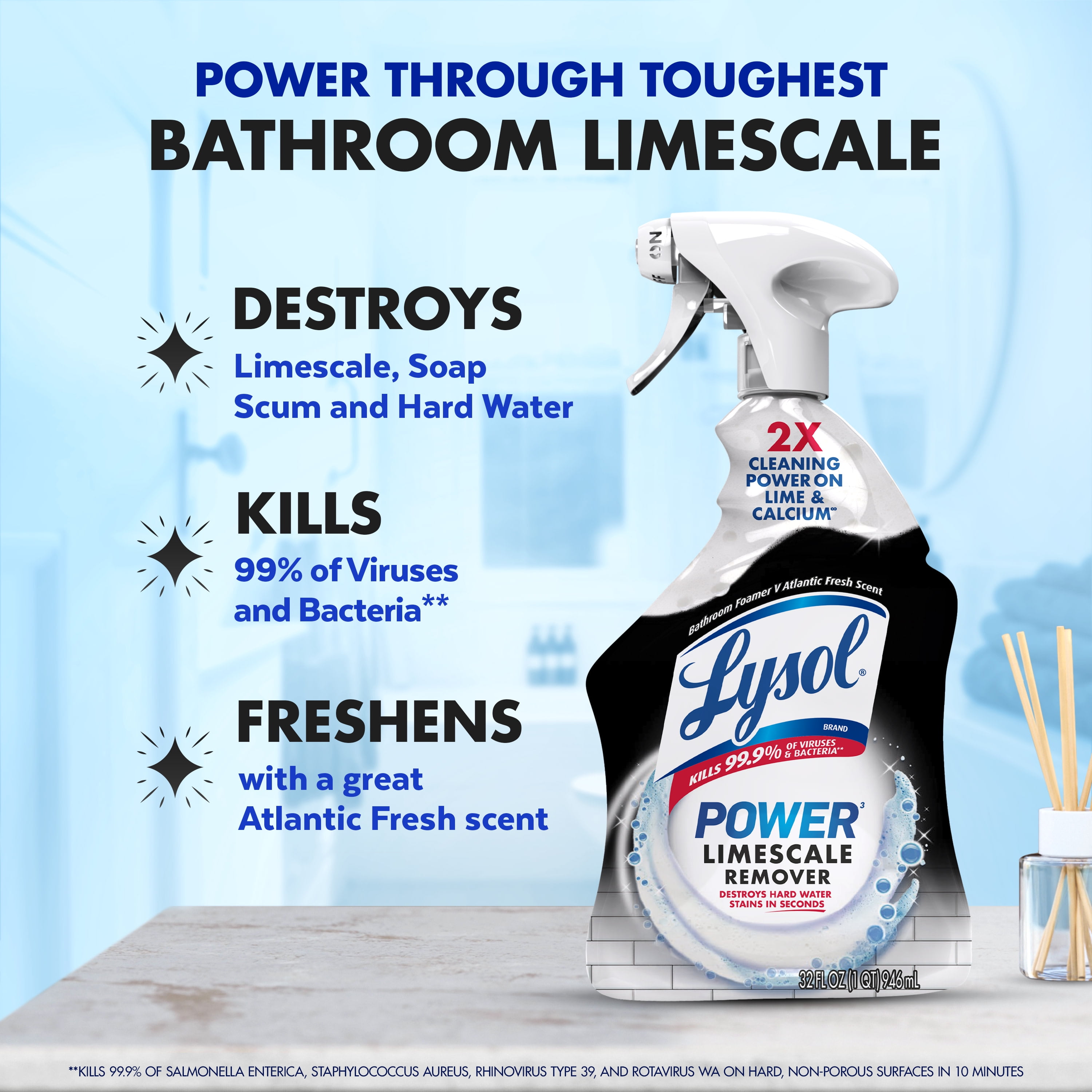 Lysol Power Limescale Remover Bathroom Cleaner Spray, Hard Water Stain Remover, Disinfecting Multipurpose Cleaner, 0% Bleach, Atlantic Fresh Scent, 32 fl oz