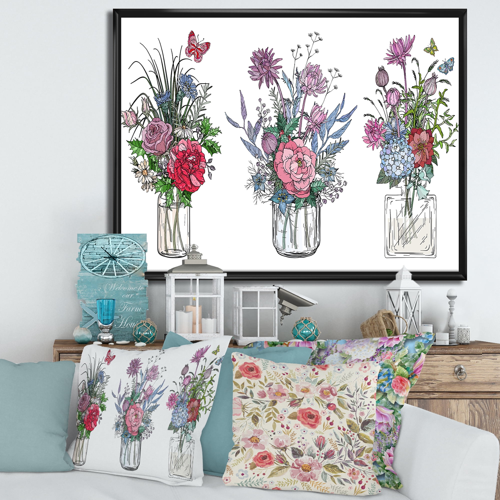 Designart 'Transparent Vases With Bouquets of Wildflowers I' Farmhouse Framed Canvas Wall Art Print