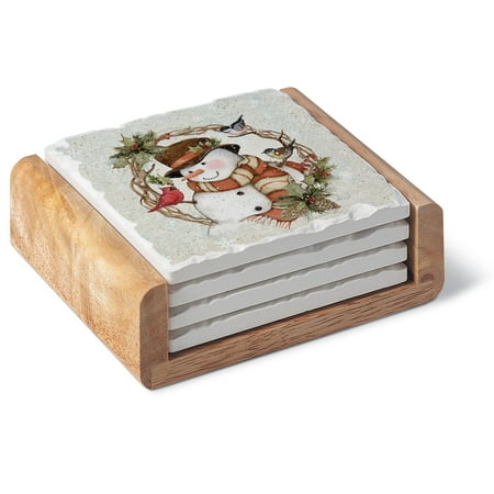 

CounterArt Winter Forest Snowman Square Absorbent Stone Coaster 4 Pack in Wooden Holder Made In The USA