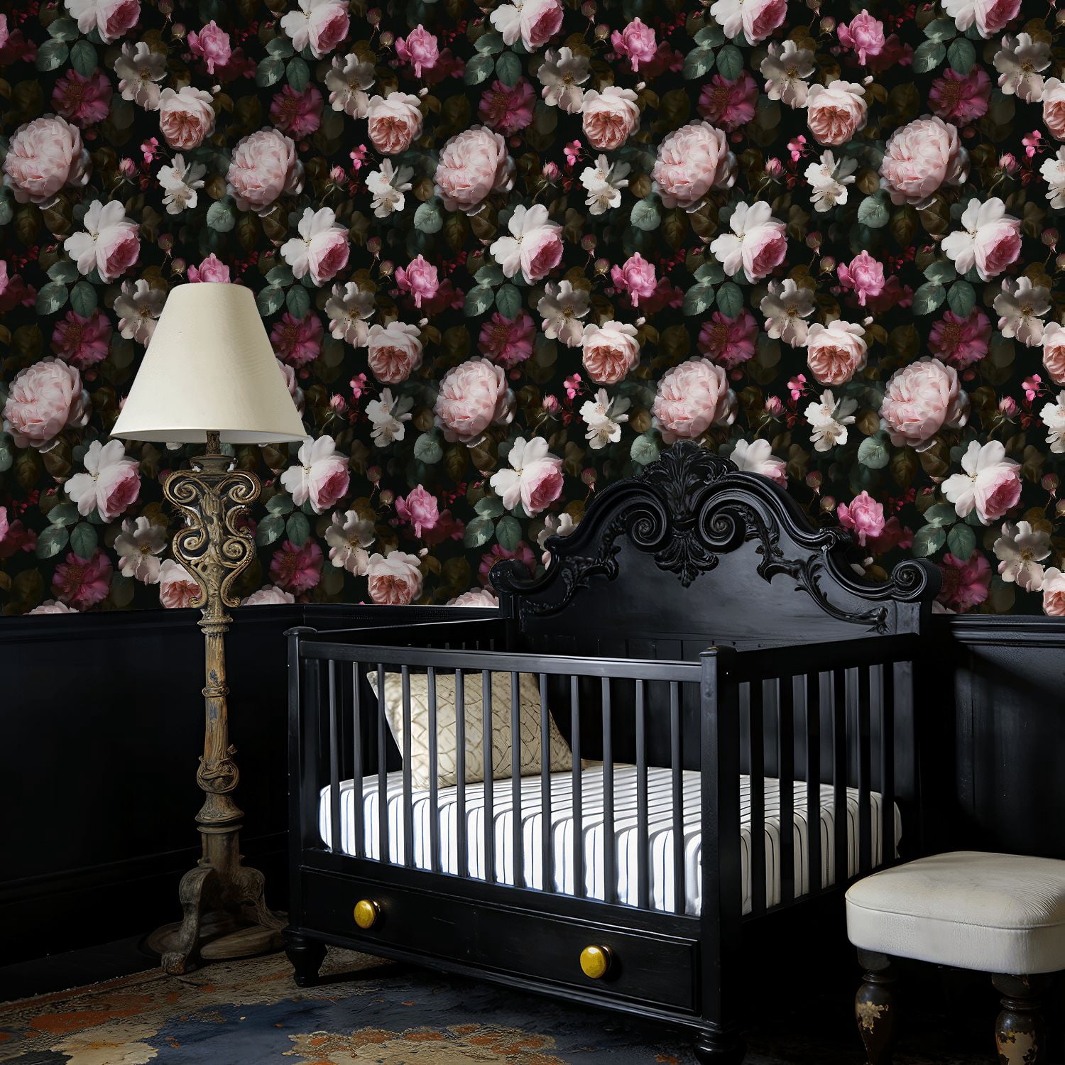 Peel and Stick Wallpaper Soft Pink Roses Delicate White Flowers Dark Wall Mural 23.6in x 9.8ft Self Adhesive Removable Wall Paper Renter Friendly Wallpaper for Nursery Bedroom Cabinets