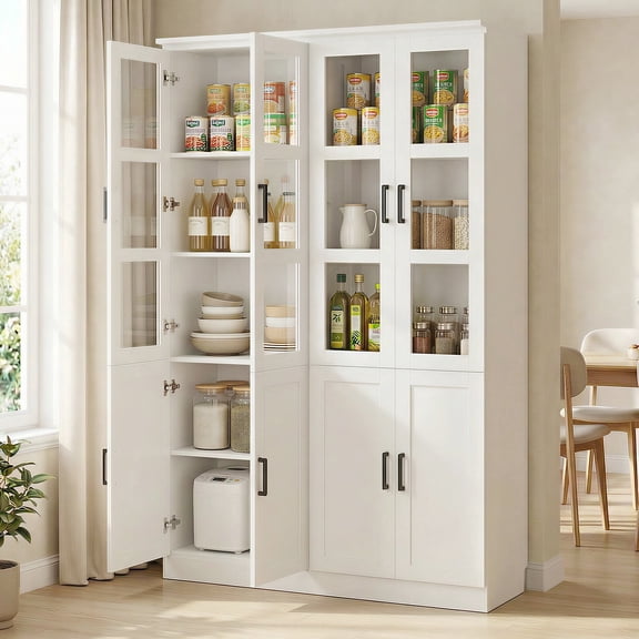 iSunirm 79.7'' Tall Pantry Cabinet with Tempered Glass Doors and Adjustable Shelves, Freestanding Kitchen Hutch Cabinet for Kitchen, Dining, Living Room, White, 2 Packs