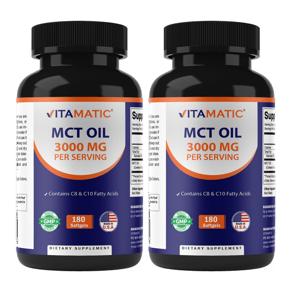 Vitamatic 2 Packs MCT Oil Capsules 3000 mg per Serving - 180 Softgels - from Coconut Oil - Contains 55% caprylic Acid C8 and 40% capric Acid C10 (Total 360 Softgel)