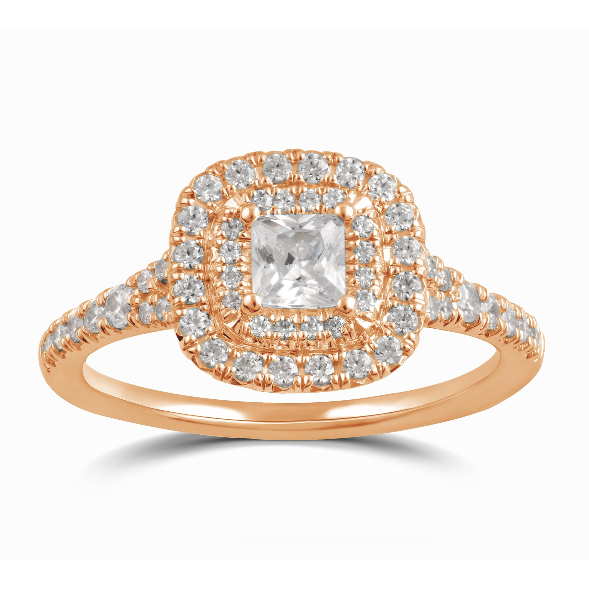 Arista 1.25 ct Cushion cut Swarovski Diamonds Double Halo Engagement Ring in Pink plated Sterling Silver
