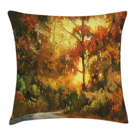 Orange Leaf Hours Of Operation Fantasy Art House Decor Throw Pillow Cushion Cover, Pathway in Autumn Forest with Shady Leaf of Deciduous Trees View, Decorative Square Accent Pillow Case, 16 X 16 Inches, Orange Yellow, by Ambesonne ()