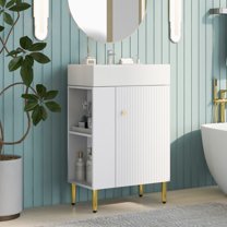 Tcbosik Small Bathroom Vanity with Sink, Freestanding Bath Vanity with Open Shelves and Soft Close Doors, Wood Storage Cabinet with Ceramic Sink, White (Faucet Not Included)