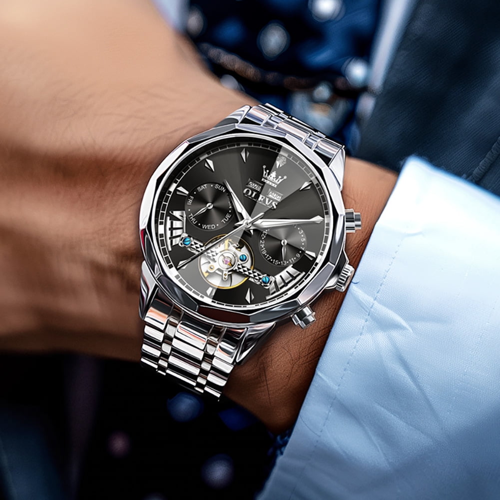 OLEVS Automatic Watches for Men Luxury Dress Waterproof Self Winding Mechanical Chronograph Diamond Stainless Steel Luminous Date Skeleton Tourbillon Mens Watches Gift Reloj Para Hombre Black Dial